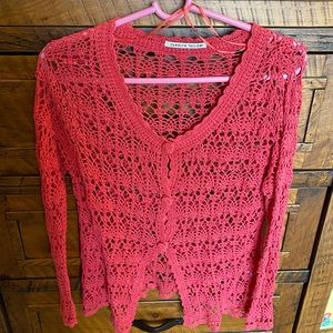 Hot pink fuchsia crochet button front cardigan sweater